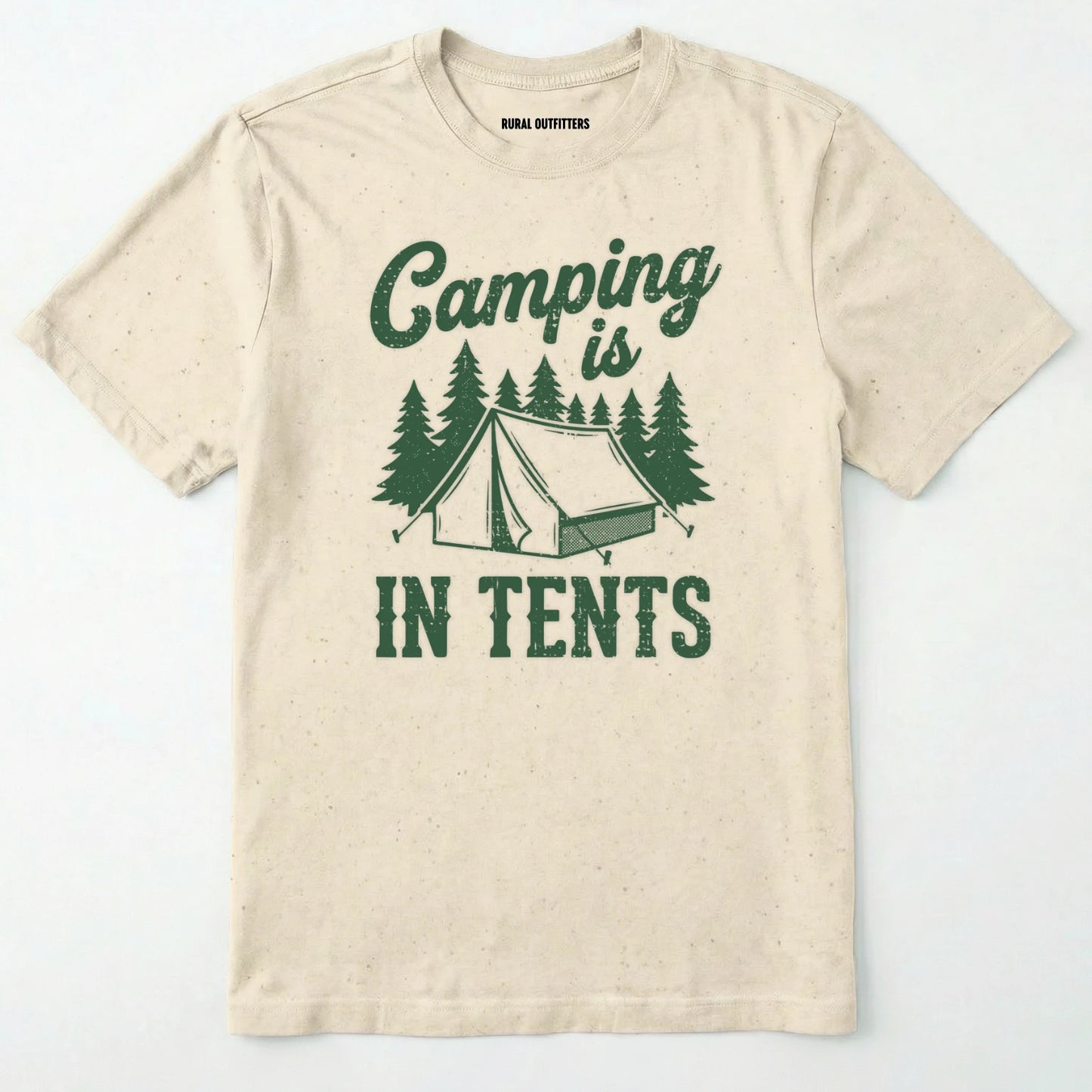 Natural t-shirt with Military Green camping graphic and text on a white background