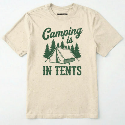 Natural t-shirt with Military Green camping graphic and text on a white background