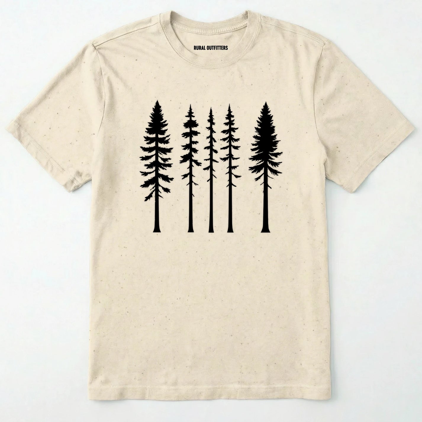 Natural pine t-shirt with minimalist black tree silhouettes on a white background.