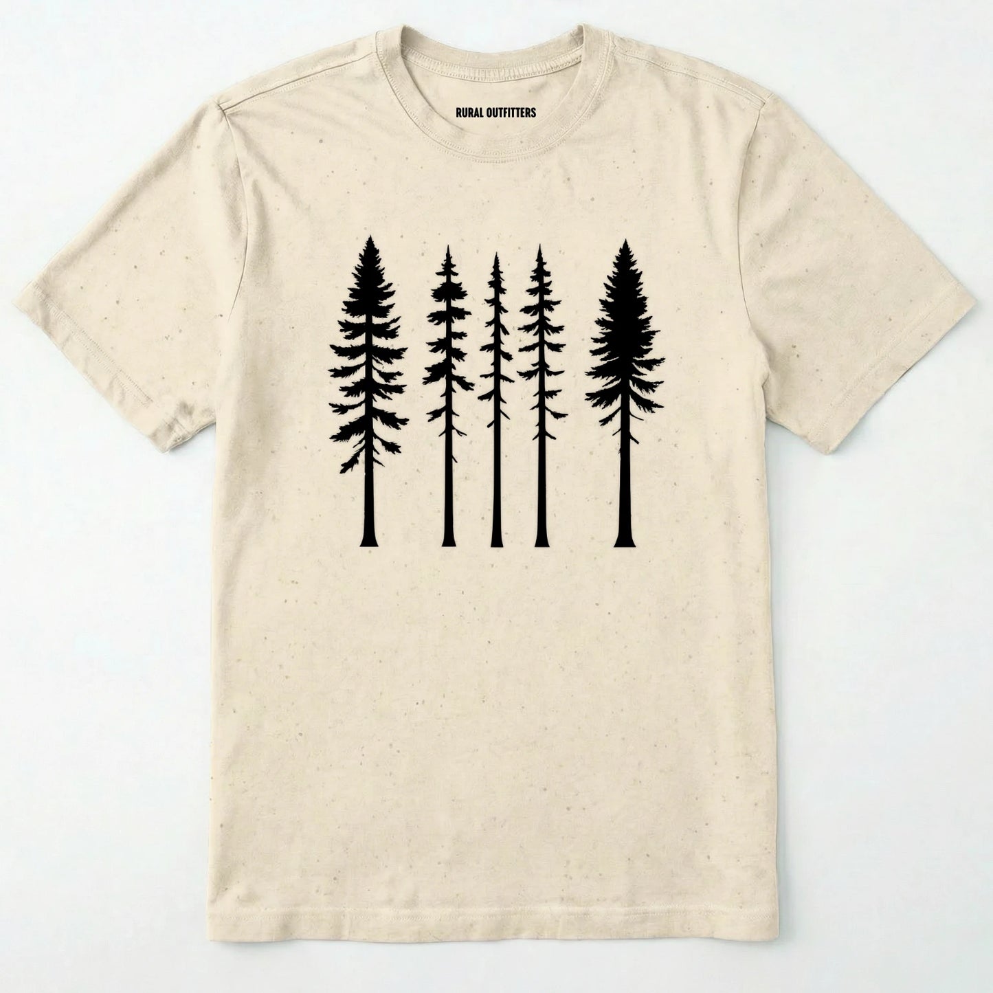 Natural pine t-shirt with minimalist black tree silhouettes on a white background.