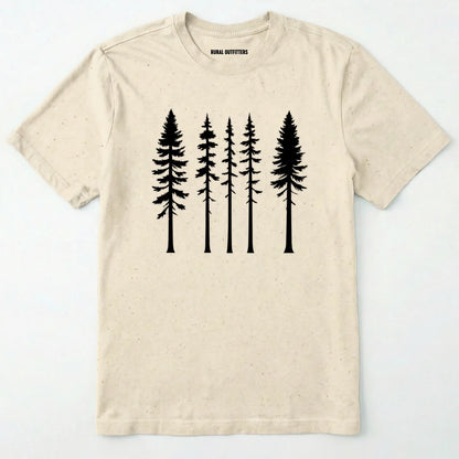 Natural pine t-shirt with minimalist black tree silhouettes on a white background.