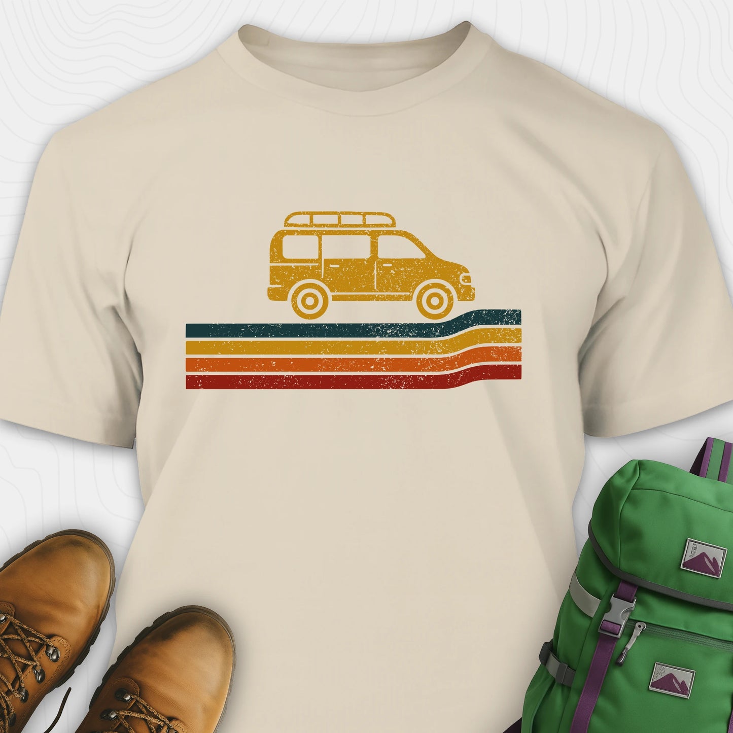 Sand van life t-shirt with retro camper van graphic and vintage striped design