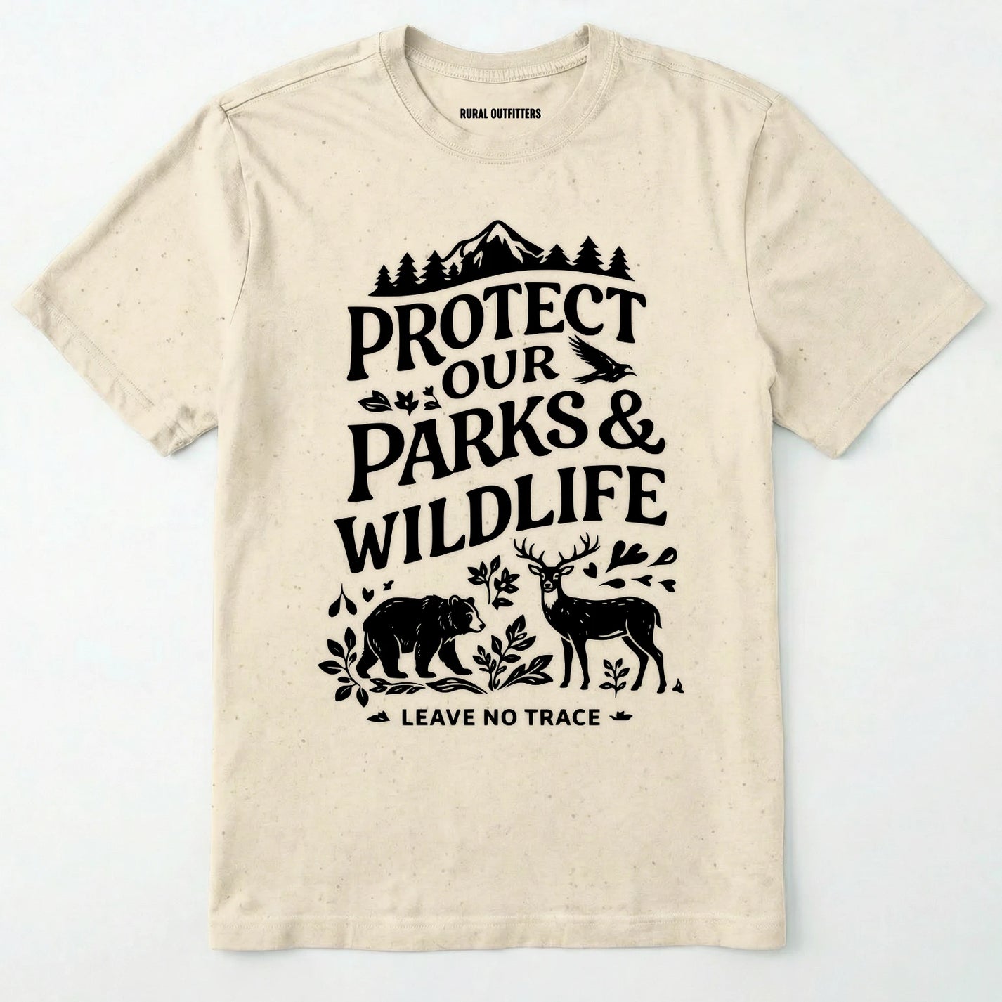 Natural t-shirt with black text and nature-themed graphics on a white background