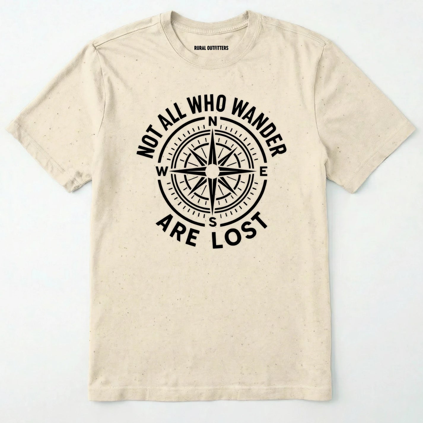 Natural not all who wander are lost t-shirt with compass design and text on a white background.