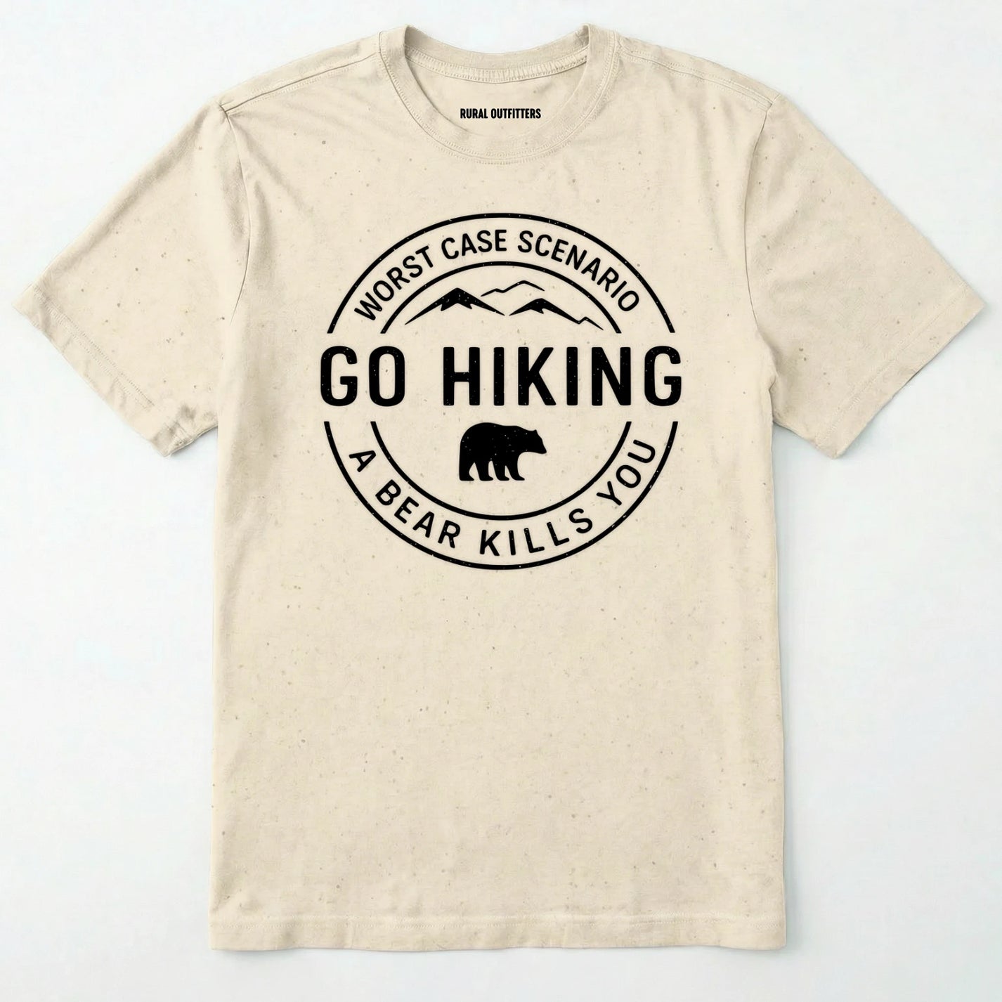 Natural funny hiking shirt with circular go hiking graphic and bear illustration on a white background.
