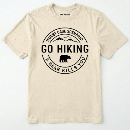 Natural funny hiking shirt with circular go hiking graphic and bear illustration on a white background.