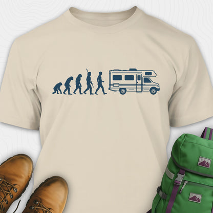 Sand evolution shirt featuring human to rv silhouette graphic