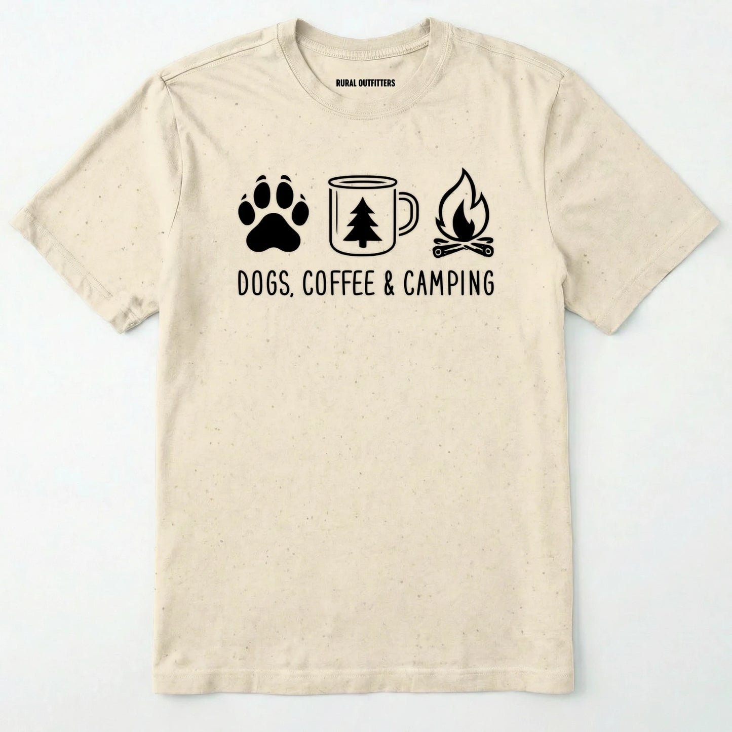 Natural camping dog shirt with paw print, coffee mug and campfire design on a white background.