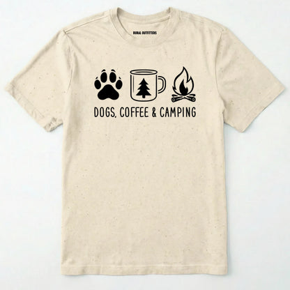 Natural camping dog shirt with paw print, coffee mug and campfire design on a white background.