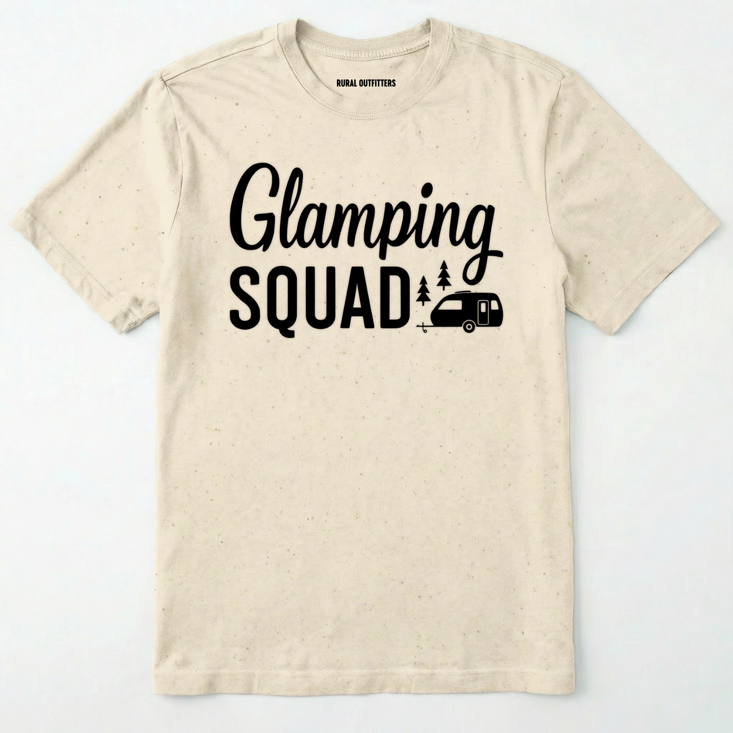 Natural glamper shirt with cute camper and trees design and "glamping squad" text on a white background.
