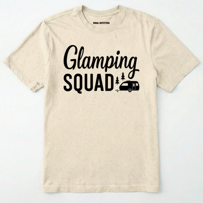 Natural glamper shirt with cute camper and trees design and "glamping squad" text on a white background.
