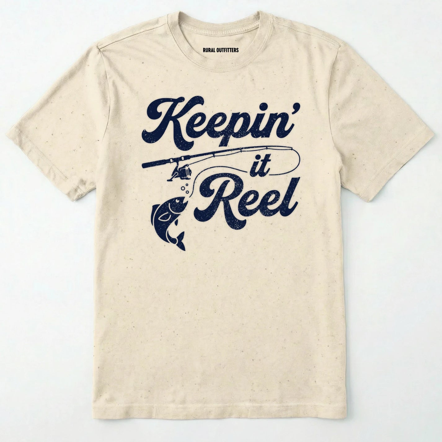 Natural t-shirt with 'keepin' it reel' text and fishing graphic on a white background