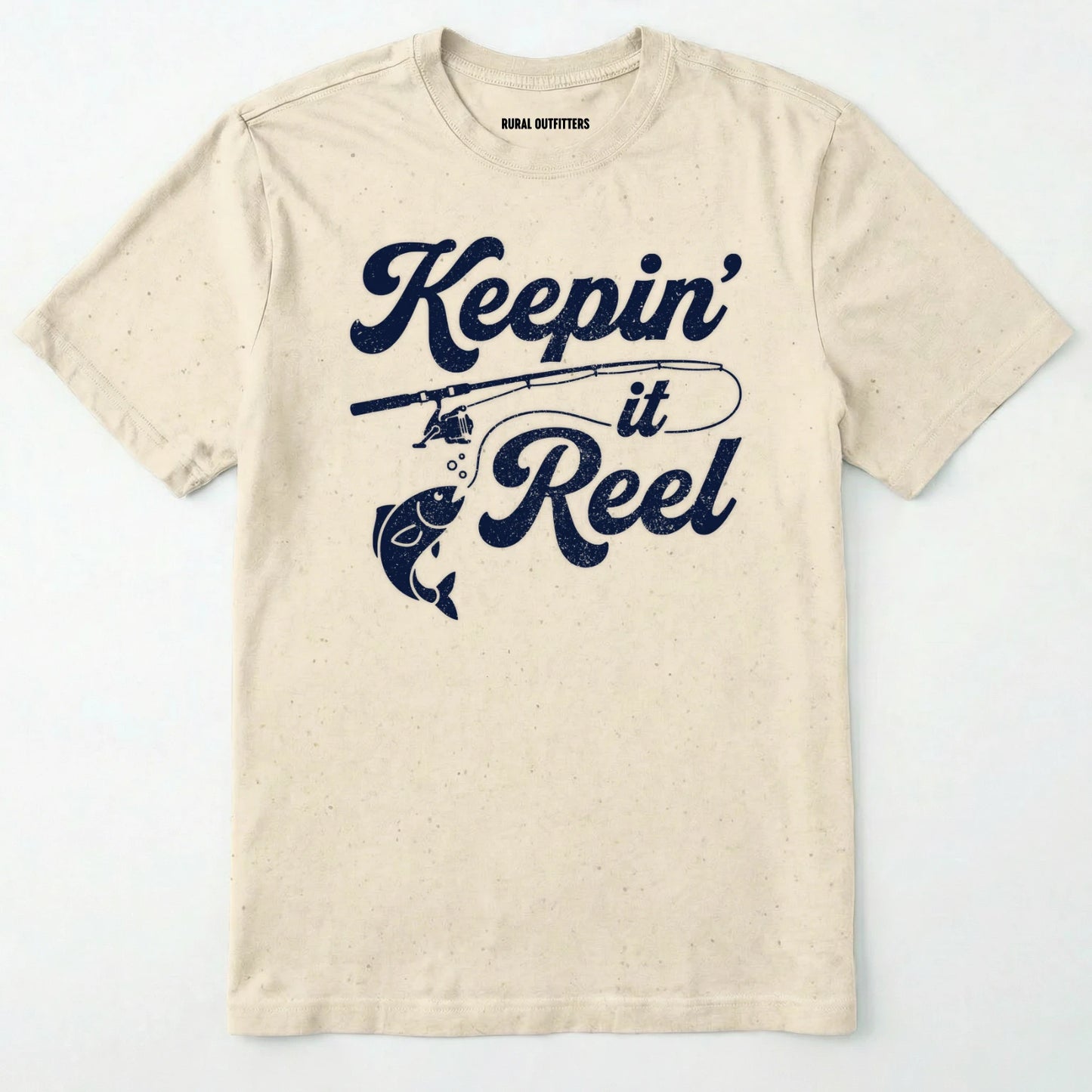 Natural t-shirt with 'keepin' it reel' text and fishing graphic on a white background