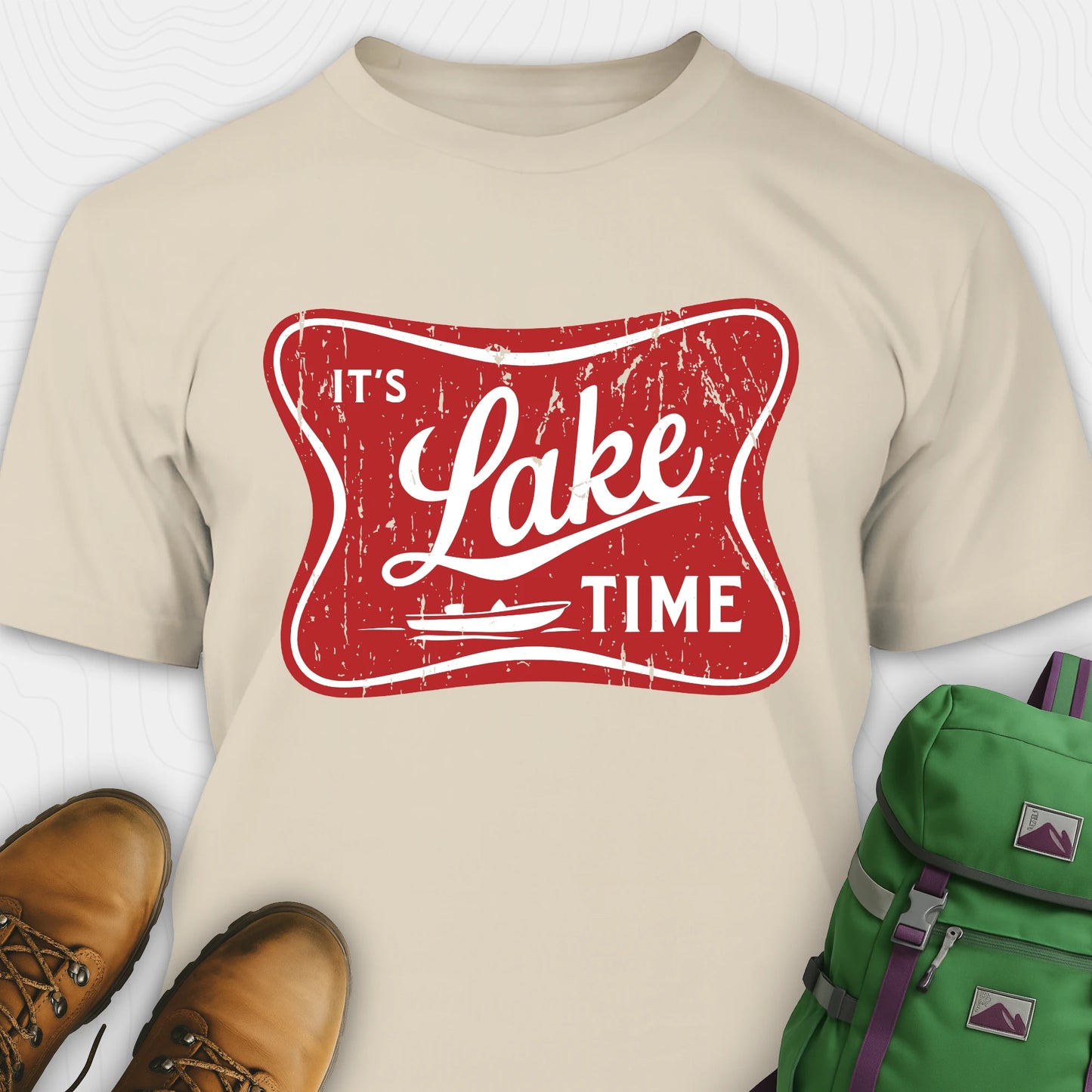 Sand lake t-shirt with retro “It’s Lake Time” graphic, featuring a red vintage lake badge design