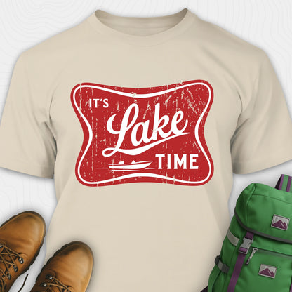 Sand lake t-shirt with retro “It’s Lake Time” graphic, featuring a red vintage lake badge design