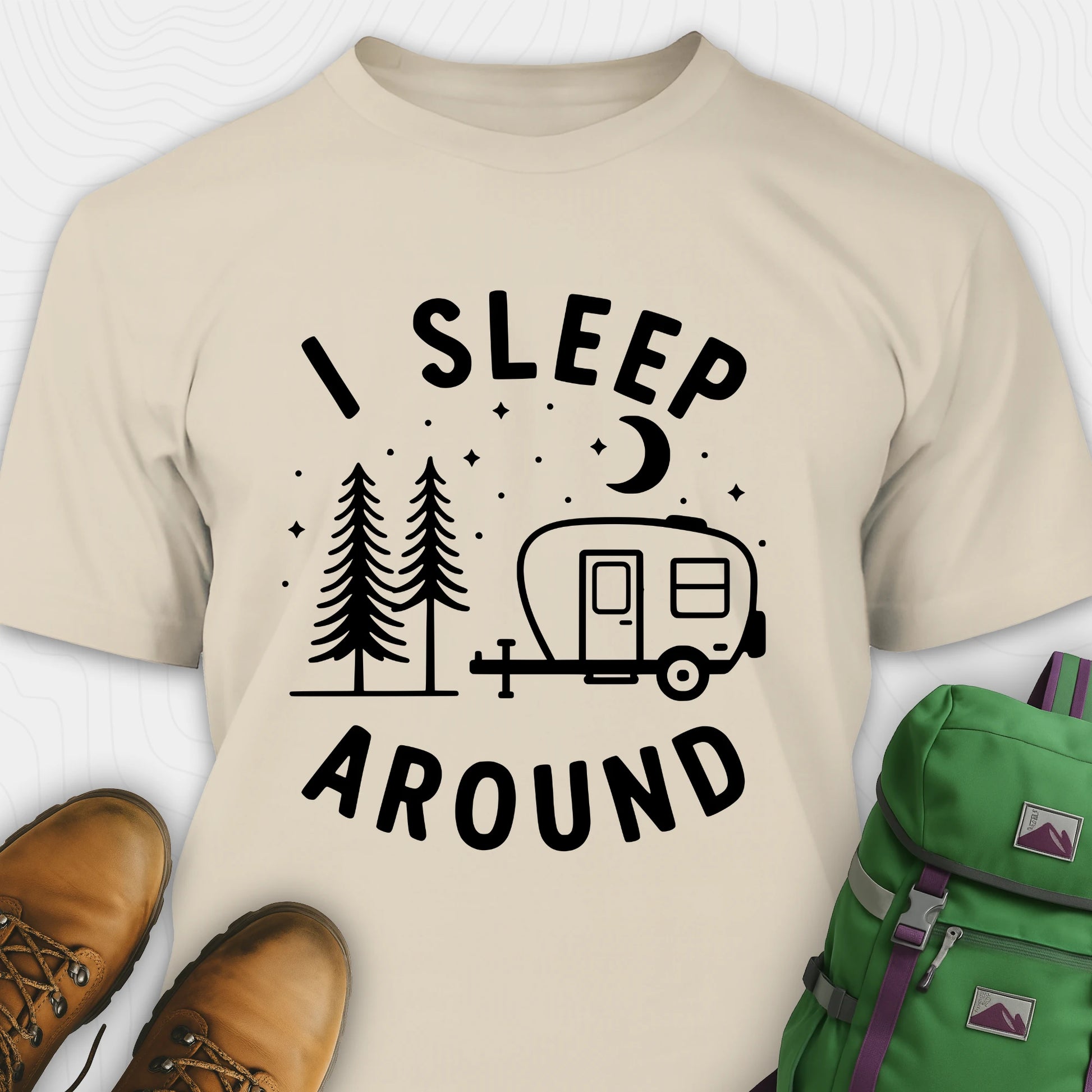 Sand I sleep around camper shirt with travel trailer and night sky graphic