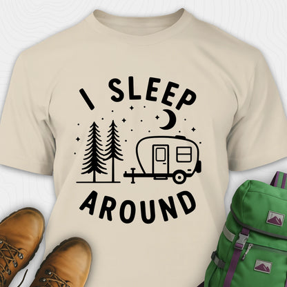 Sand I sleep around camper shirt with travel trailer and night sky graphic