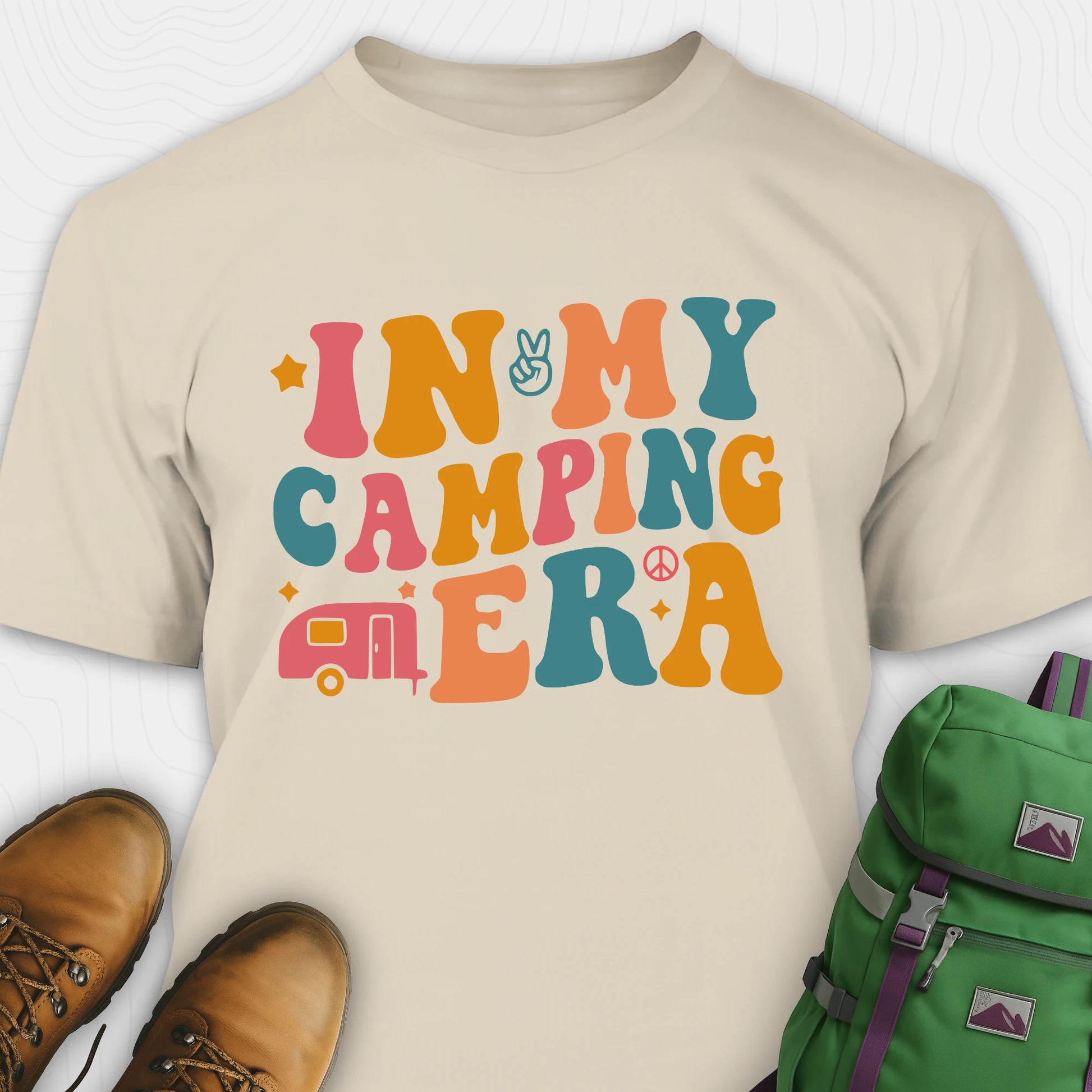 Sand cute camping shirt with colorful retro “in my camping era” graphic