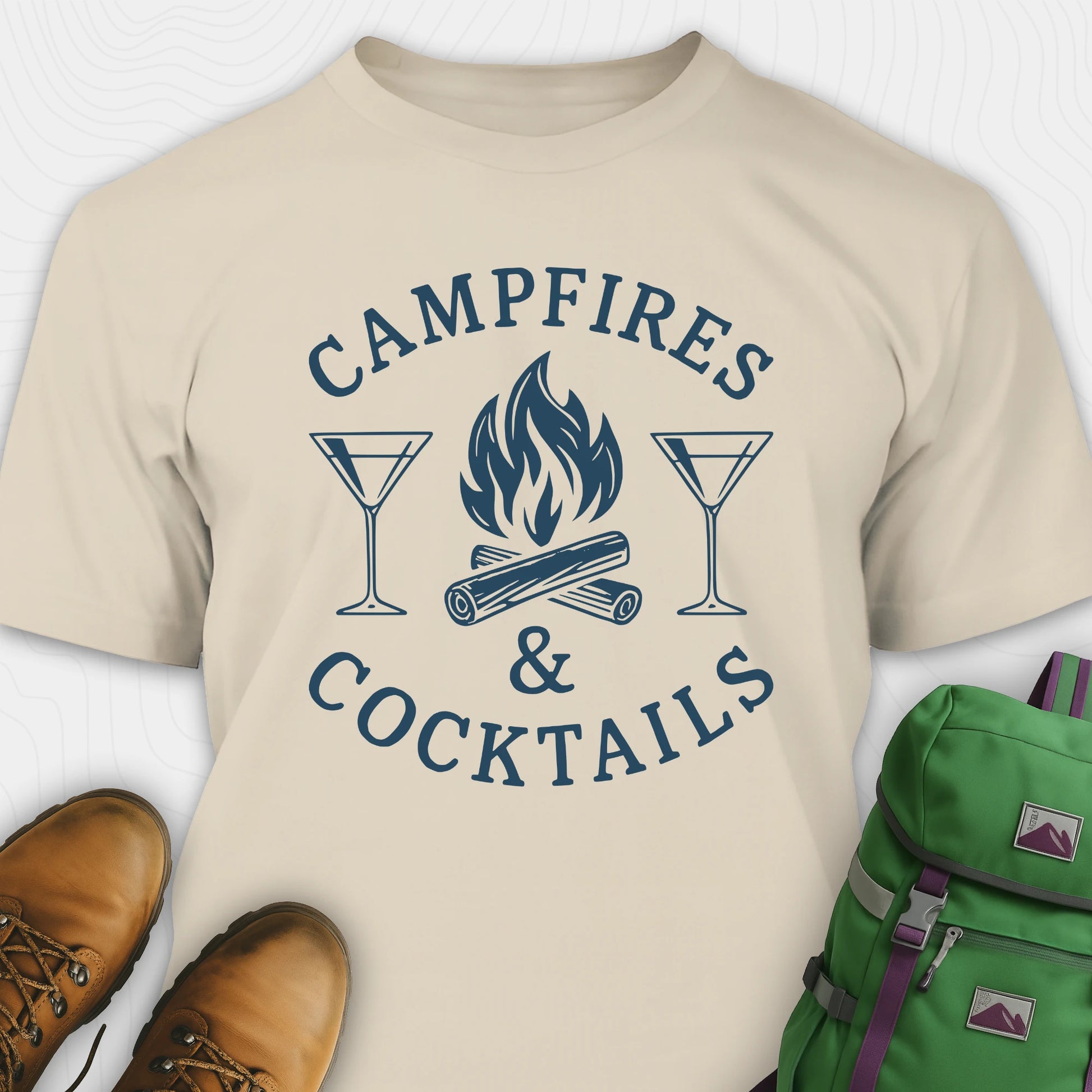 Natural campfires and cocktails shirt with martini glasses and campfire