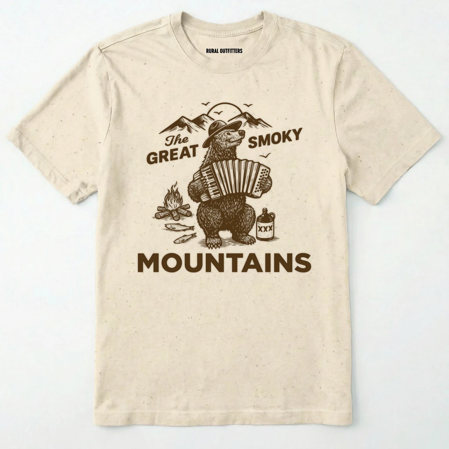 Natural the great smoky mountains t-shirt with smoky the bear playing the accordion graphic and text.