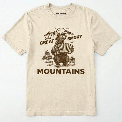 Natural the great smoky mountains t-shirt with smoky the bear playing the accordion graphic and text.