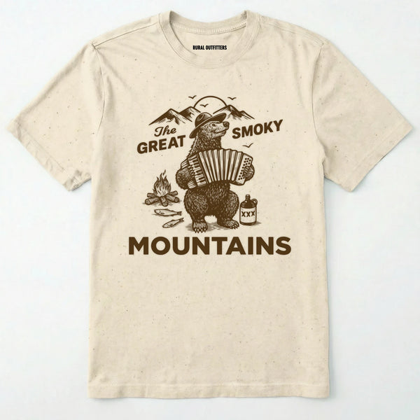 Natural the great smoky mountains t-shirt with smoky the bear playing the accordion graphic and text.