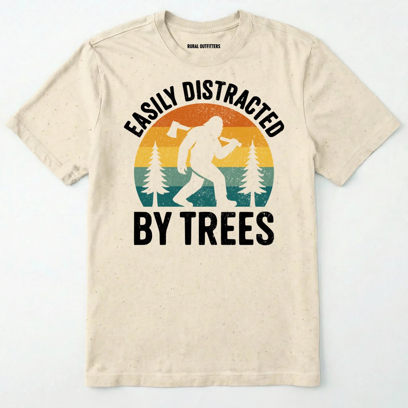 Natural funny sasquatch shirt featuring bigfoot silhouette and trees on a white background.