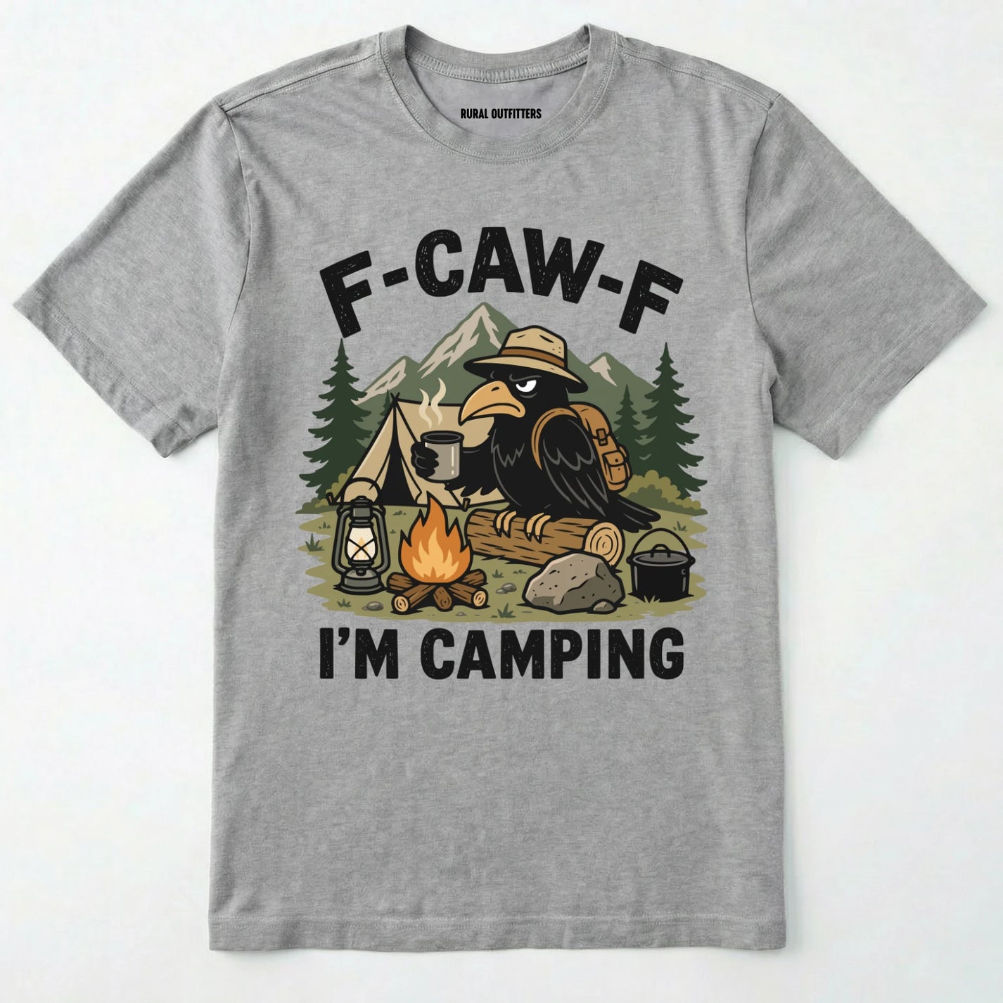 Sport Grey F-CAW-F I'M CAMPING t-shirt with a graphic of a crow at a campsite on a white background.