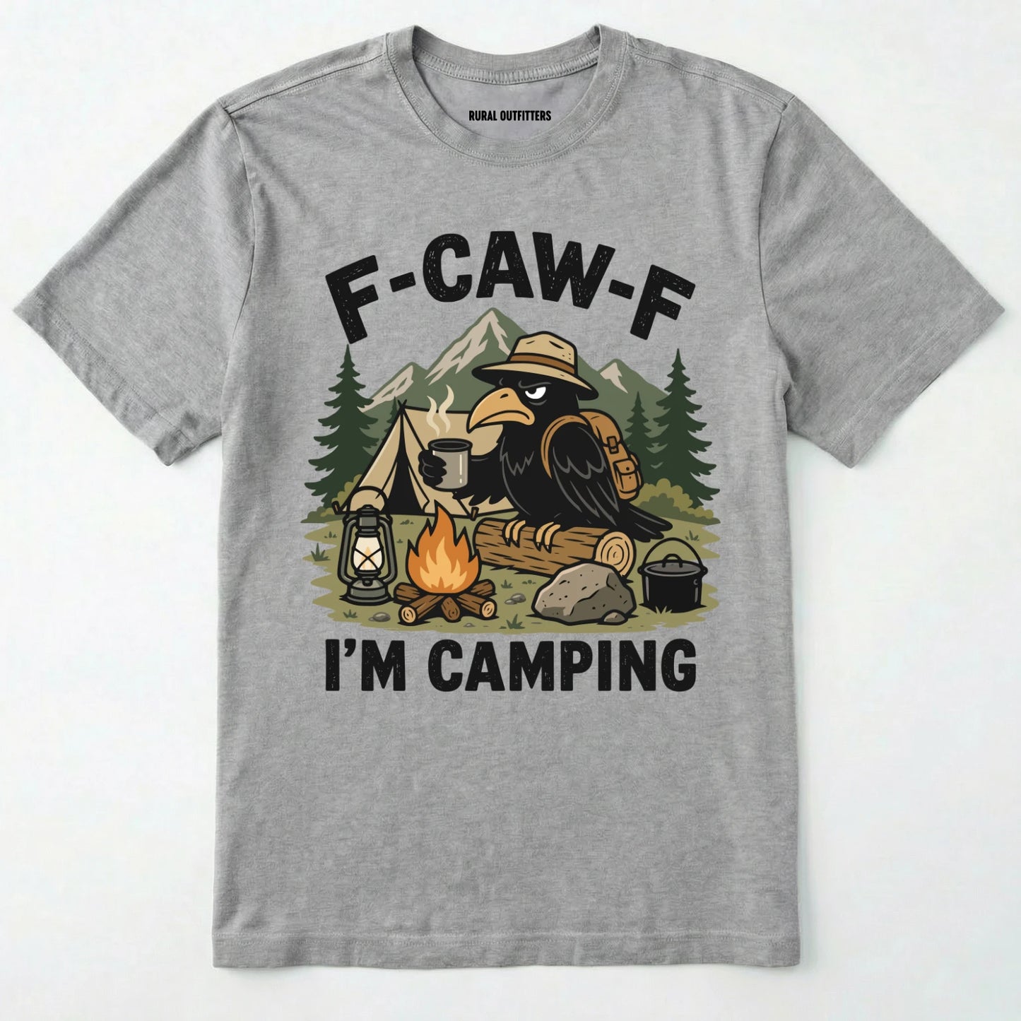 Sport Grey F-CAW-F I'M CAMPING t-shirt with a graphic of a crow at a campsite on a white background.