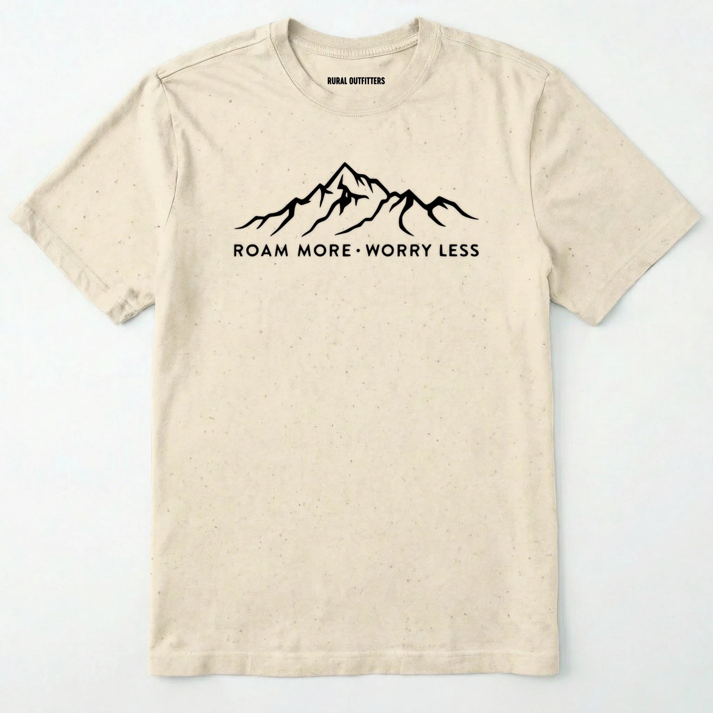Natural rocky mountain shirt with a white mountain graphic and text 'roam more worry less' on a white background