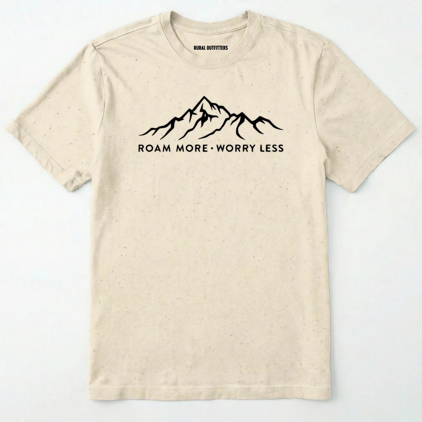 Natural rocky mountain shirt with a white mountain graphic and text 'roam more worry less' on a white background