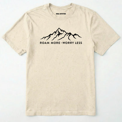 Natural rocky mountain shirt with a white mountain graphic and text 'roam more worry less' on a white background