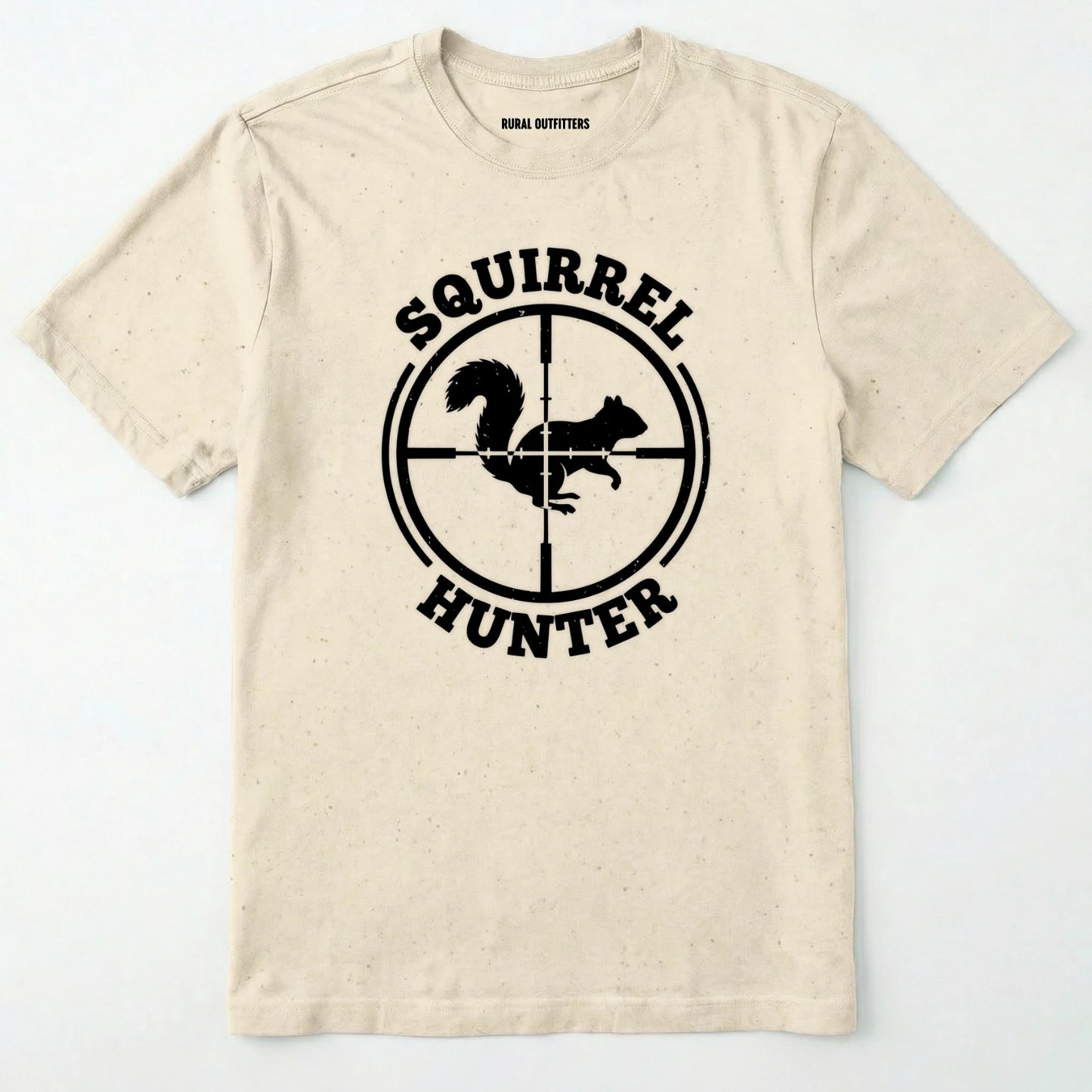 Natural t-shirt with 'squirrel hunter' graphic design on a white background