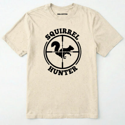 Natural t-shirt with 'squirrel hunter' graphic design on a white background