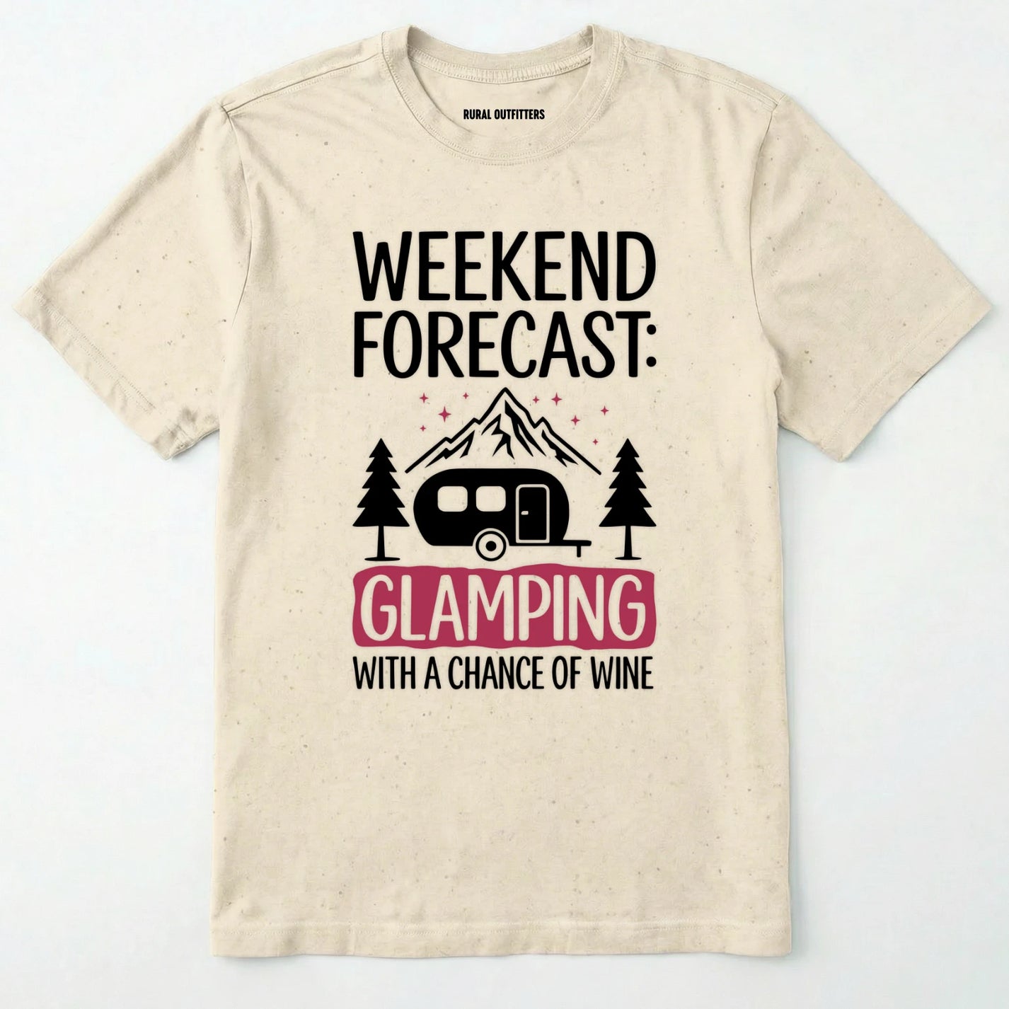 Natural glamping shirt with camping trailer and forest illustration on a white background.