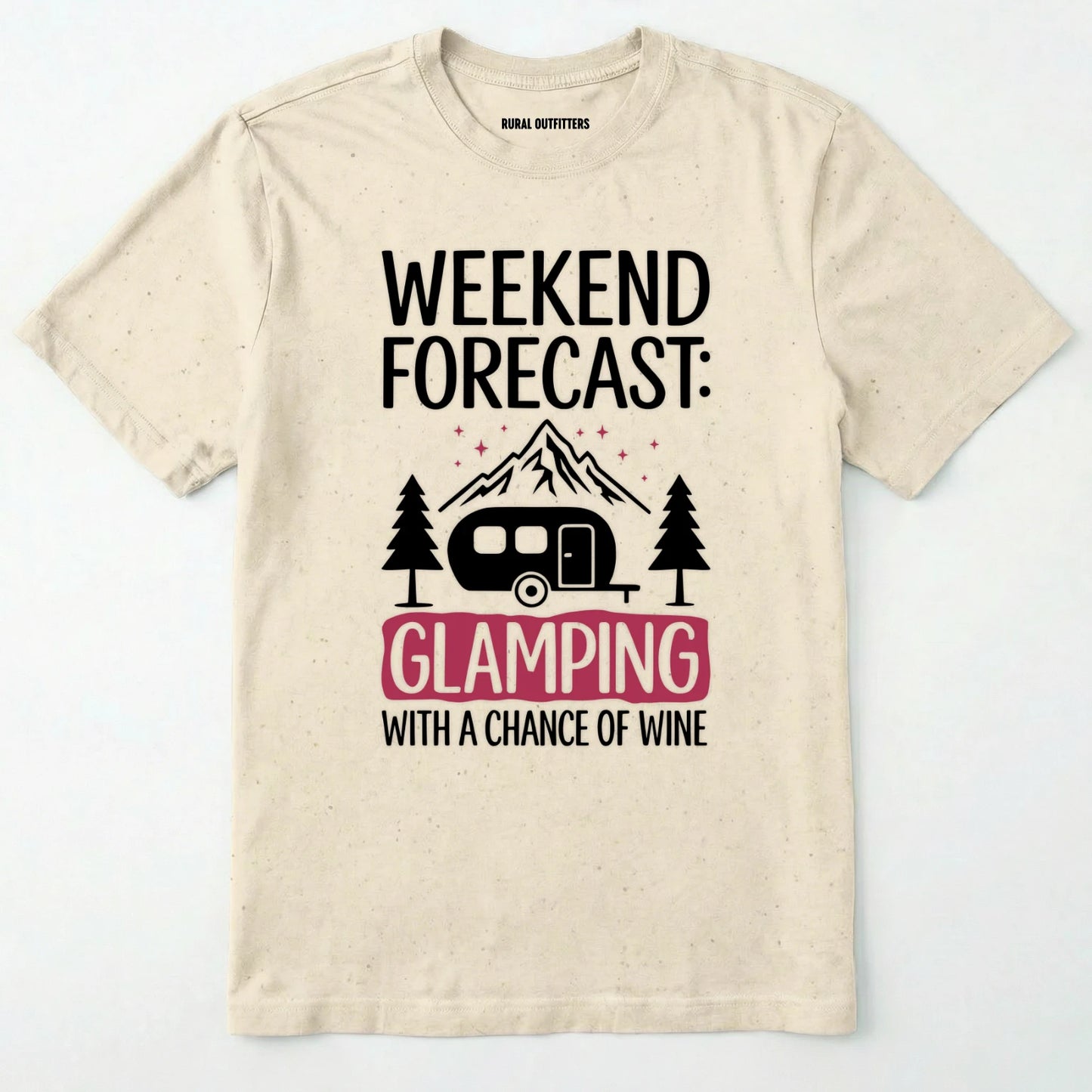 Natural glamping shirt with camping trailer and forest illustration on a white background.