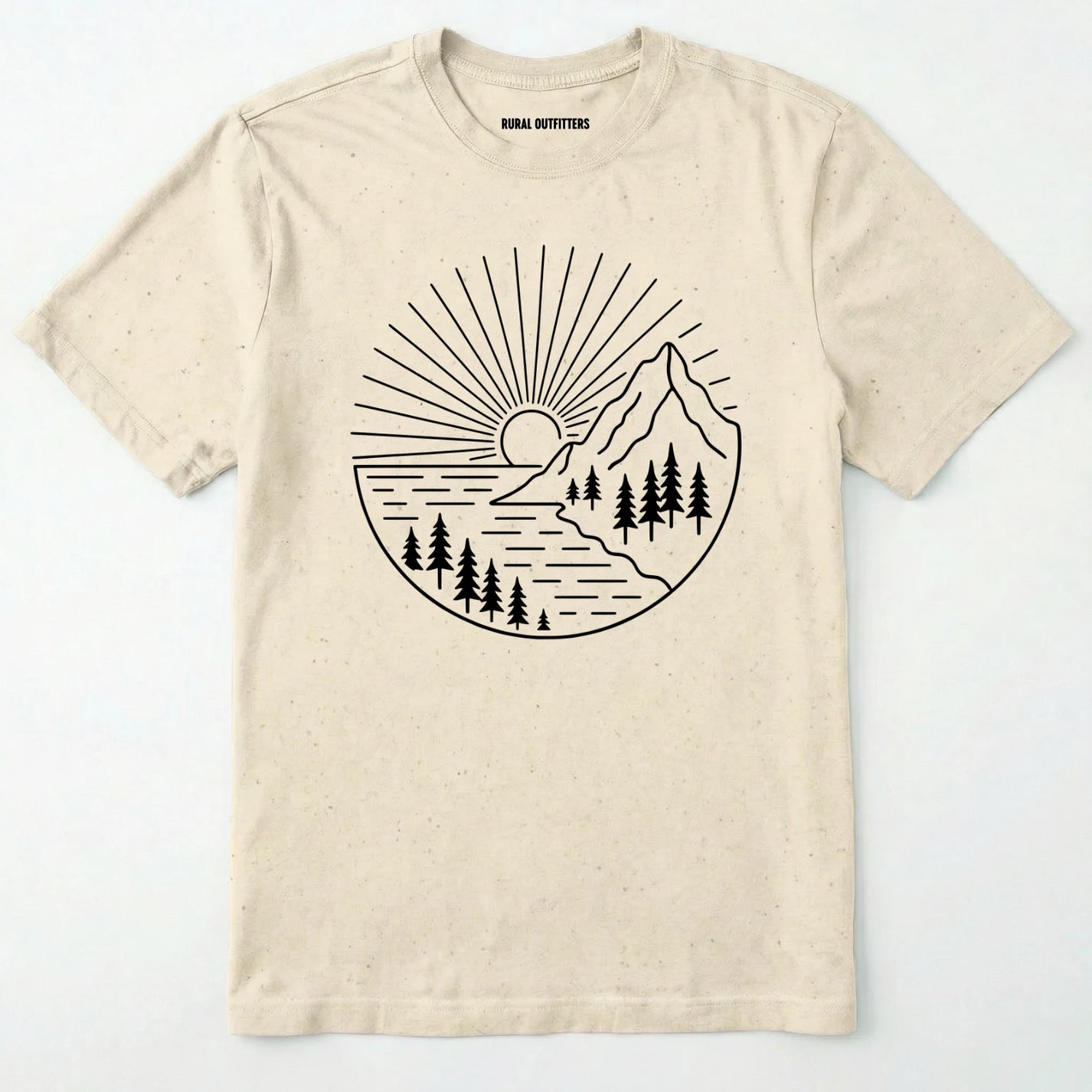 Natural mountain t-shirt with a white line-art design of mountains, trees, and a sunrise on a white background.
