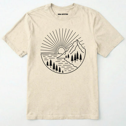 Natural mountain t-shirt with a white line-art design of mountains, trees, and a sunrise on a white background.