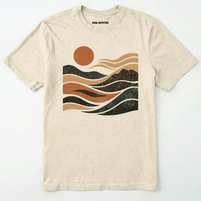 Natural t-shirt with a graphic design of mountains and a sun on a white background