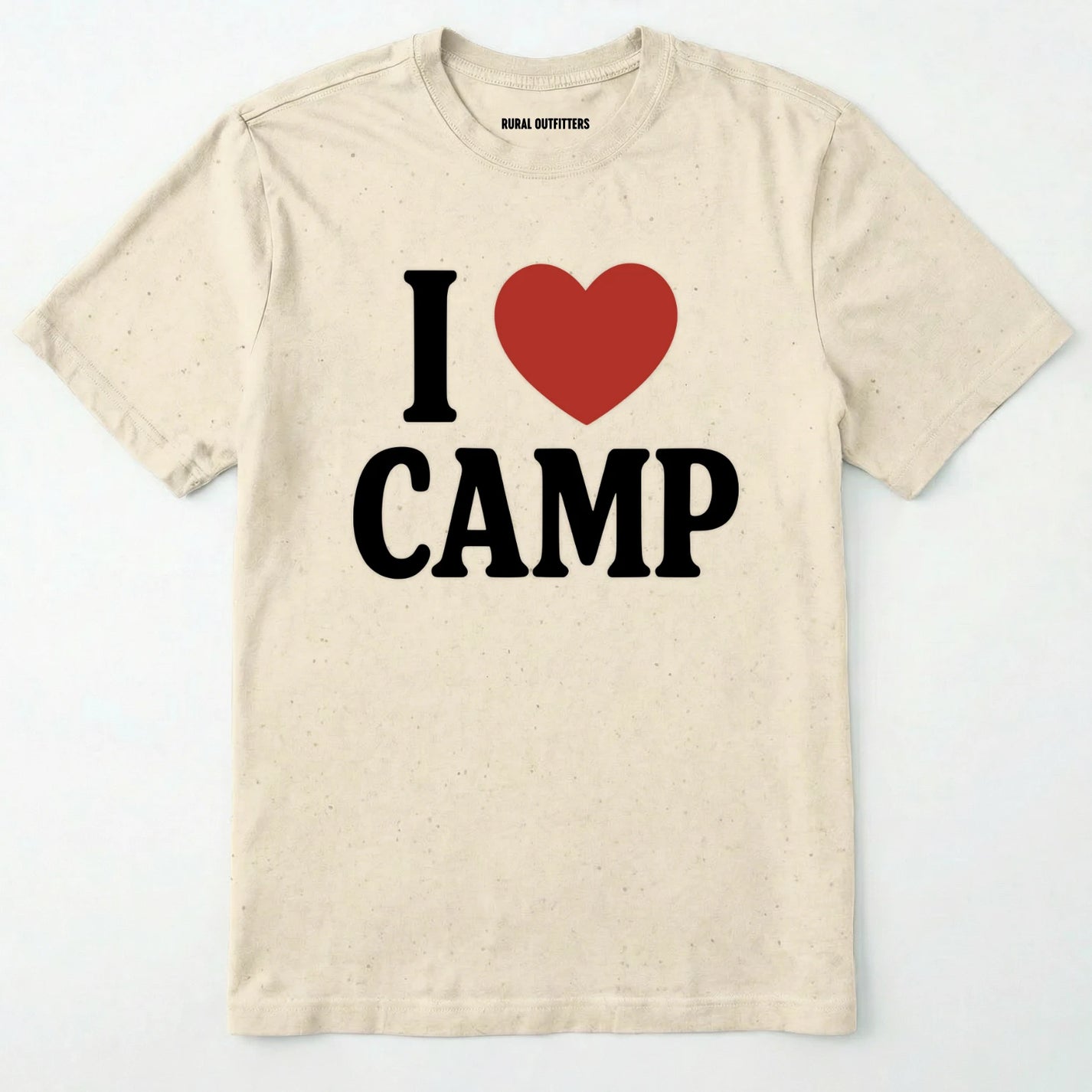 Natural i love camp t-shirt with bold text and heart design on a white background.
