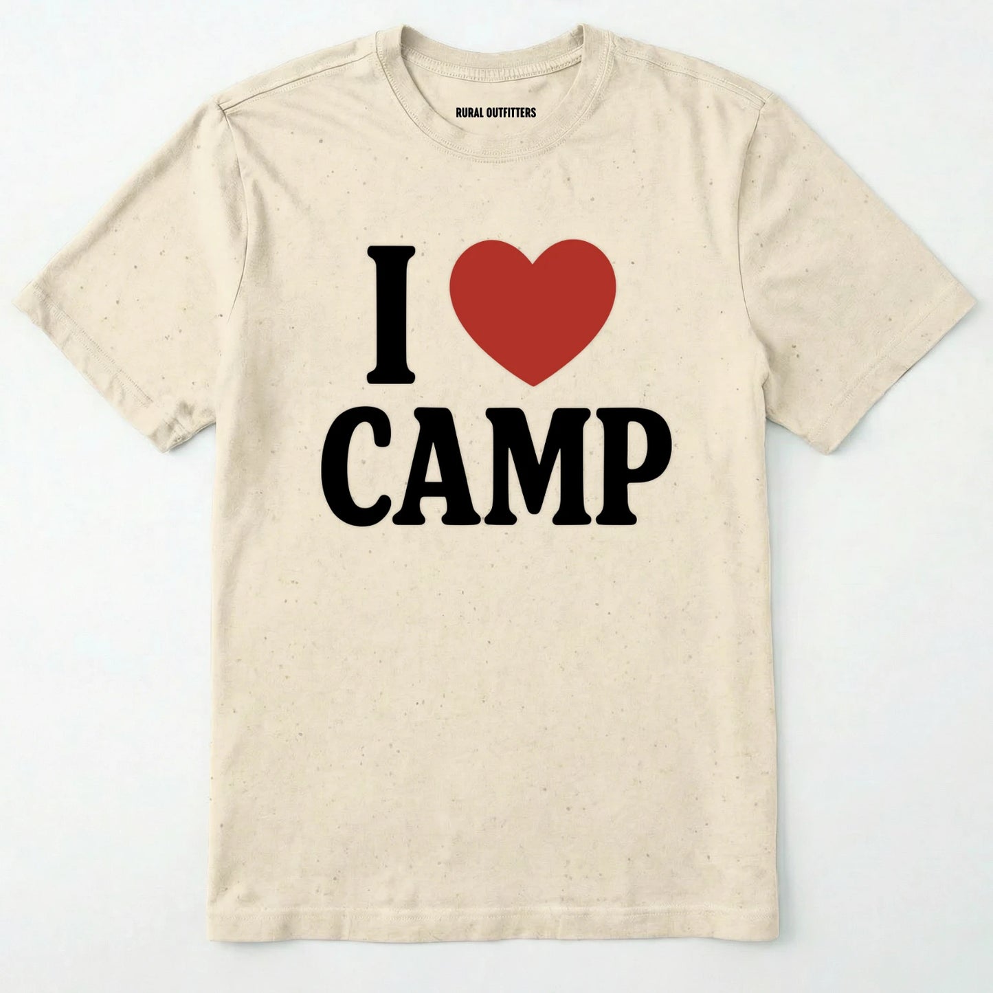 Natural i love camp t-shirt with bold text and heart design on a white background.