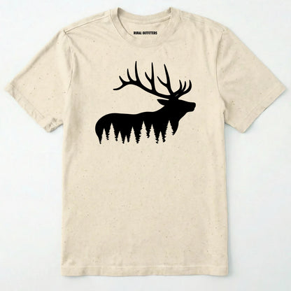 Natural elk shirt with black elk silhouette design on a white background.