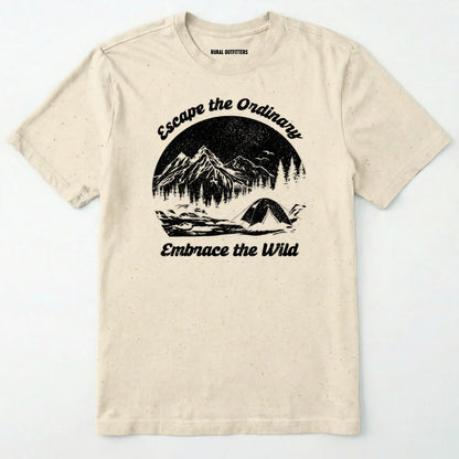 Natural escape the ordinary t-shirt with mountain and tent graphic on a white background.