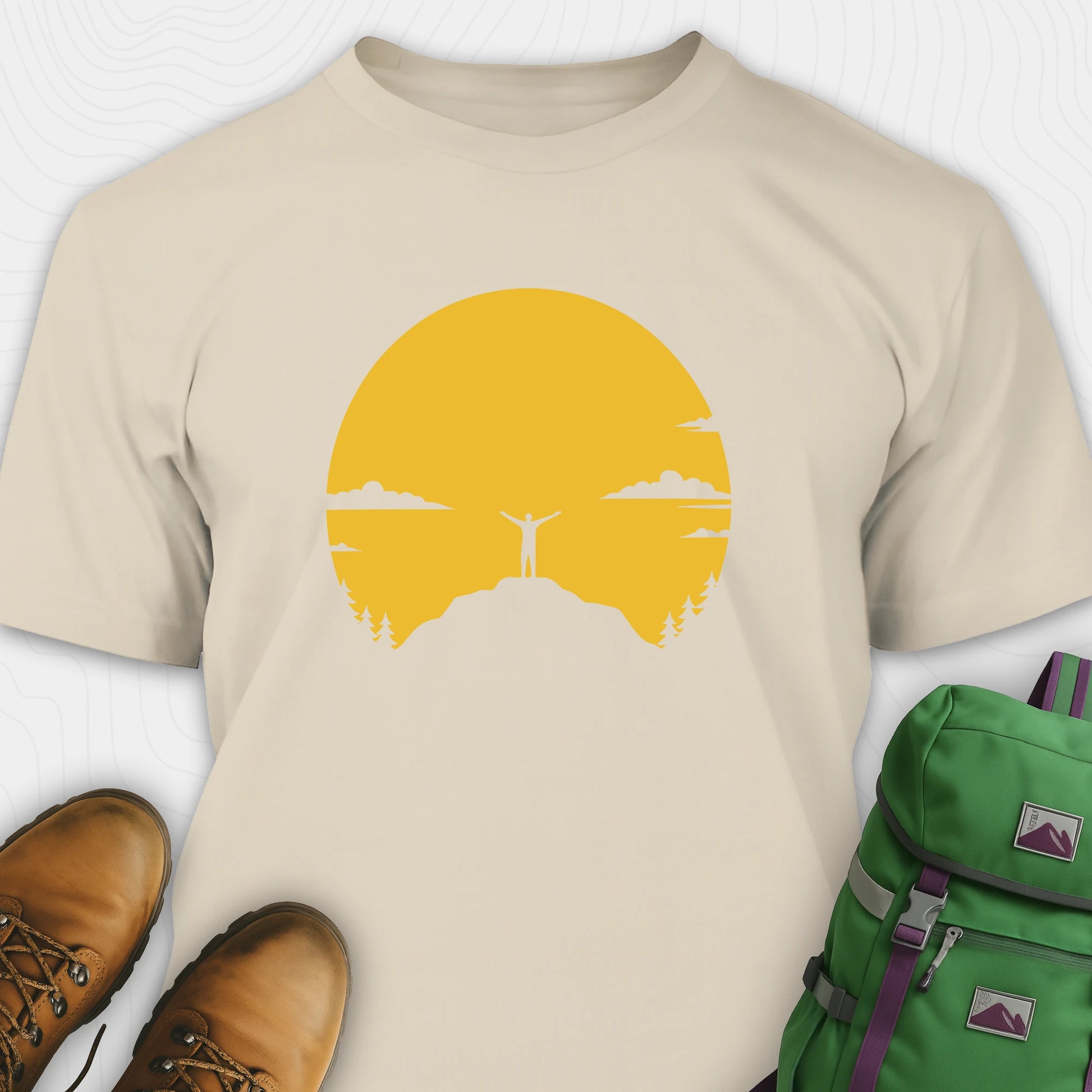 Sand climbing shirt with yellow sunset and mountain climber silhouette