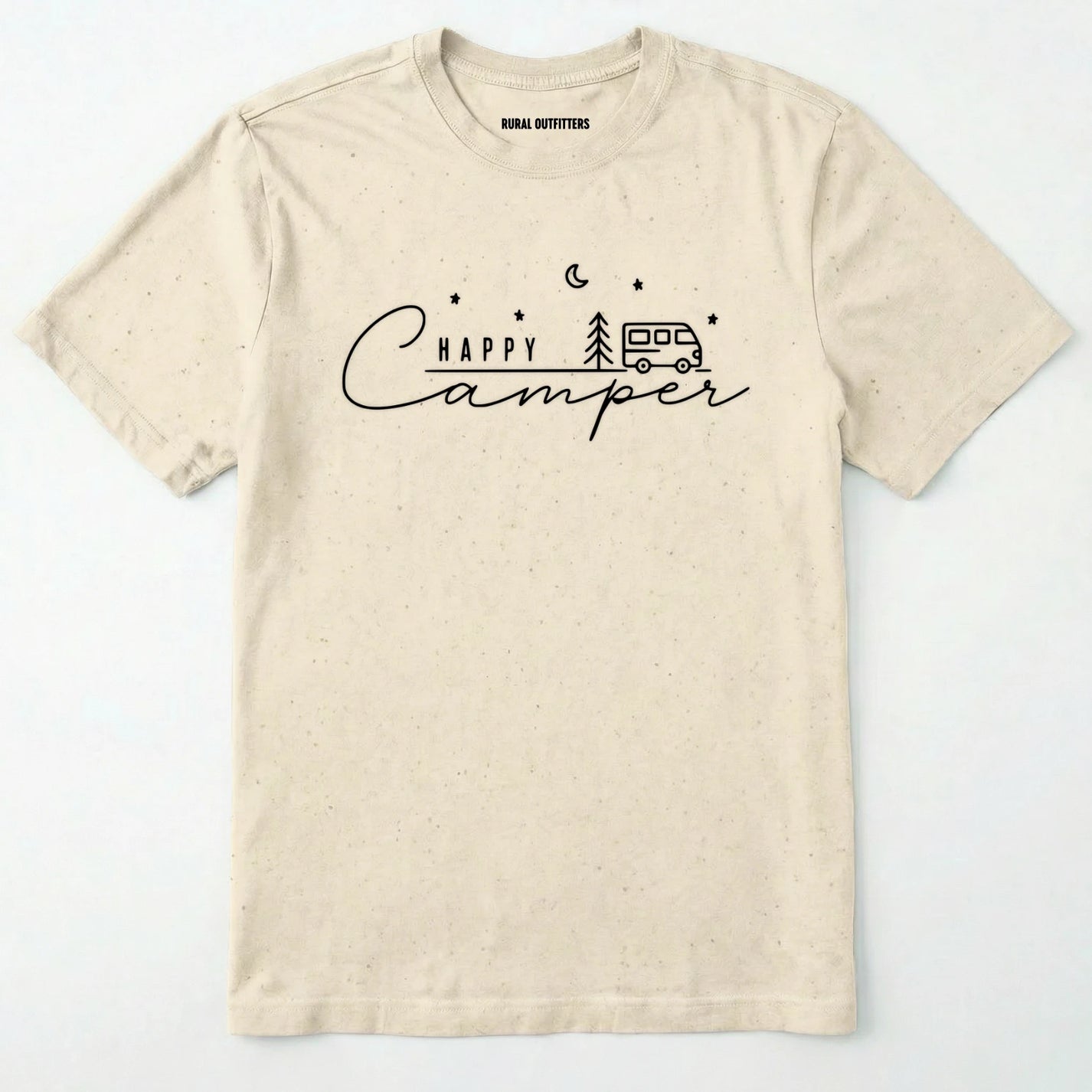 Natural happy camper tee with minimalist camper and night sky design on a white background
