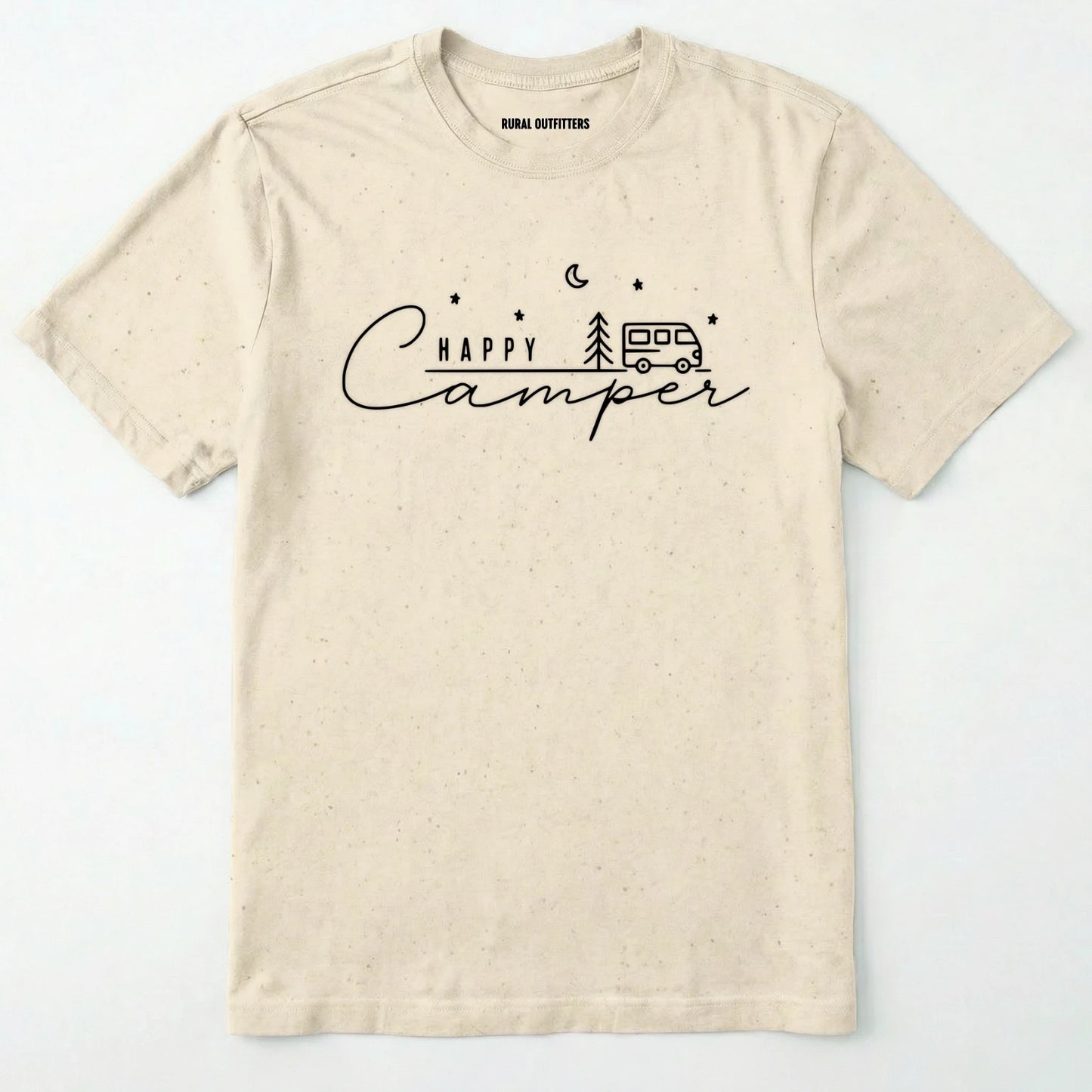 Natural happy camper tee with minimalist camper and night sky design on a white background