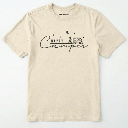 Natural happy camper tee with minimalist camper and night sky design on a white background