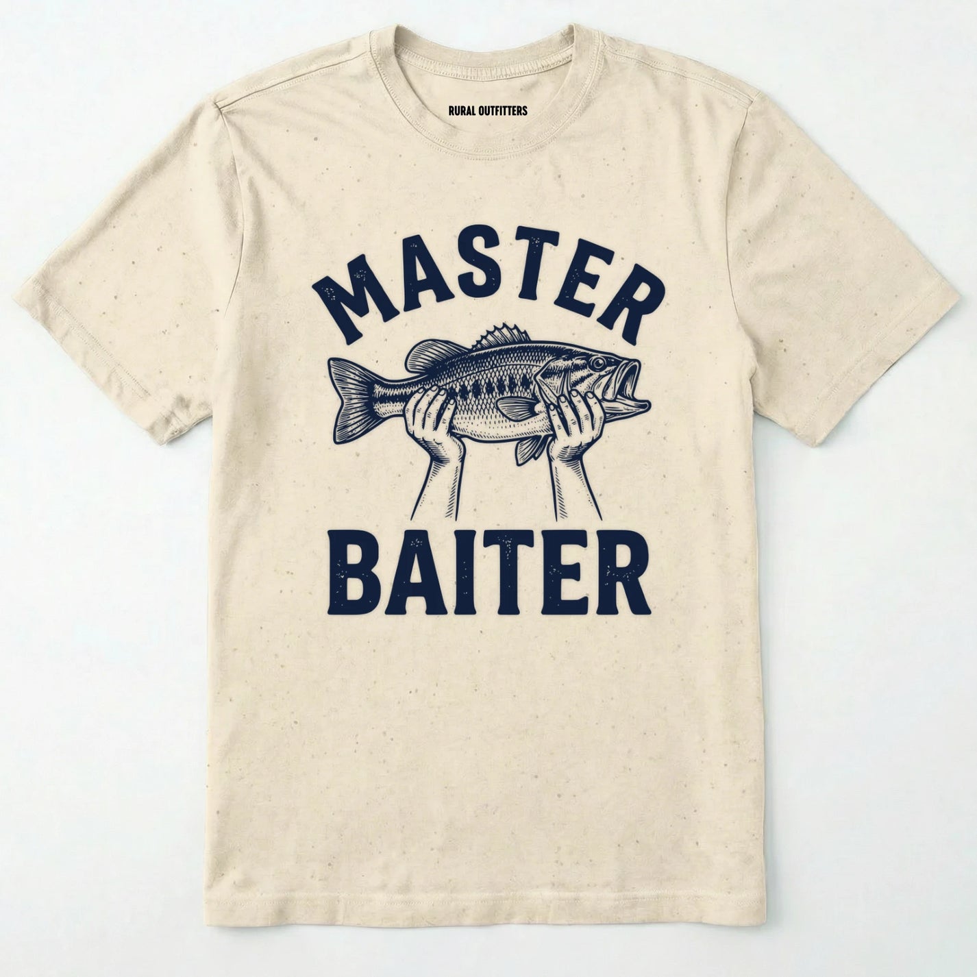 Natural t-shirt with 'master baiter' graphic and fish design on a white background