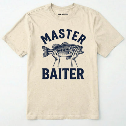 Natural t-shirt with 'master baiter' graphic and fish design on a white background