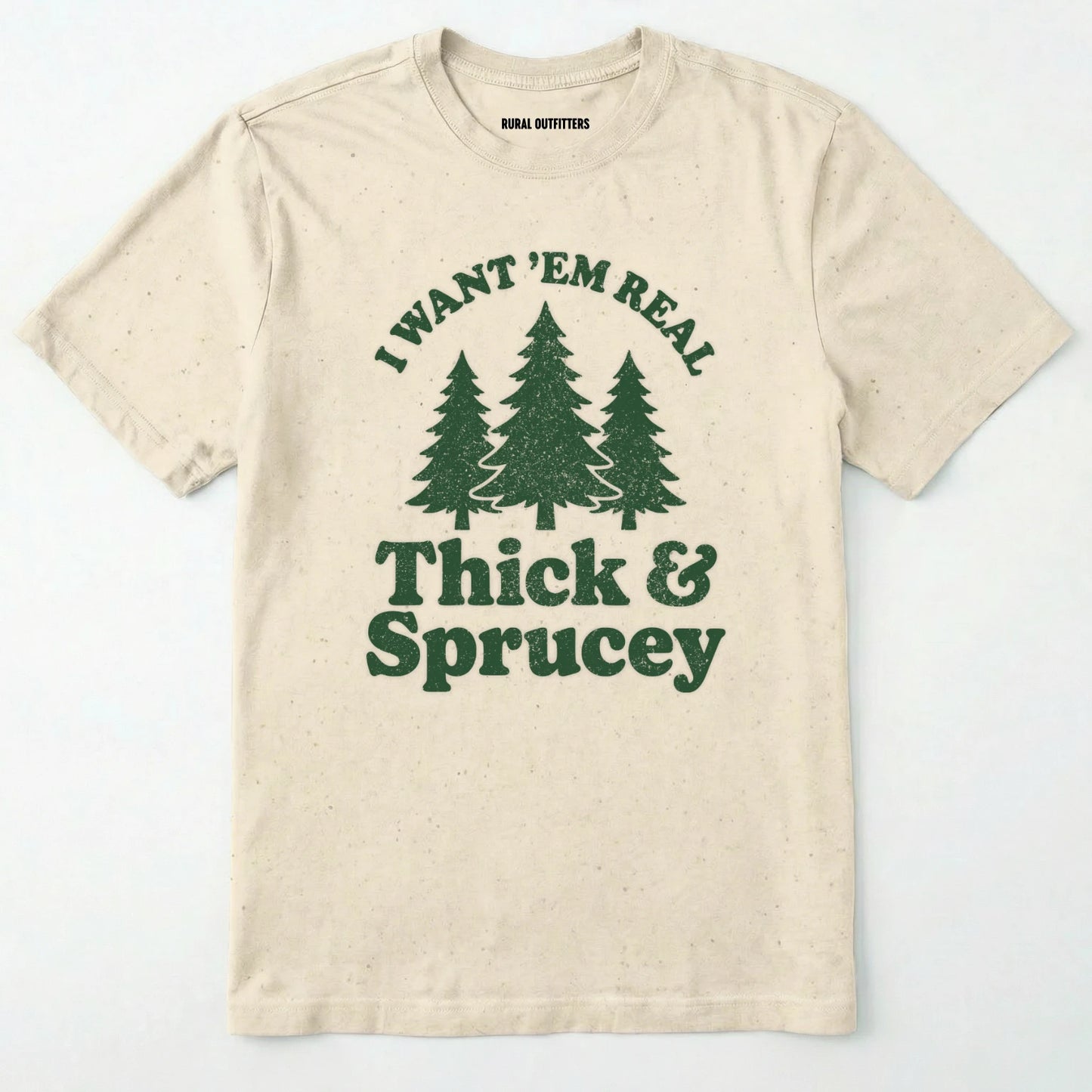 Natural t-shirt with Military Green text and tree graphics on a white background